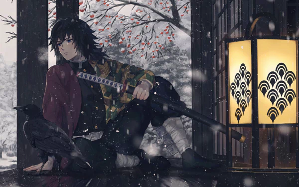 HD desktop wallpaper featuring Giyuu Tomioka from the anime Demon Slayer: Kimetsu no Yaiba. He sits with a sword and a crow in a snowy, serene night setting, with a glowing lantern by his side.