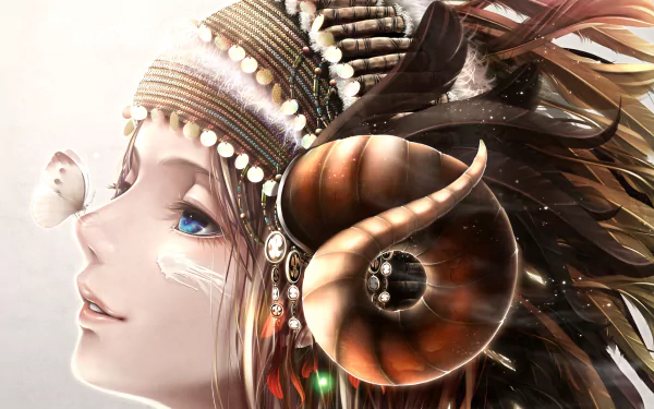 HD wallpaper of an anime girl with ornate horns and a butterfly near her face, featuring intricate tribal-inspired accessories.