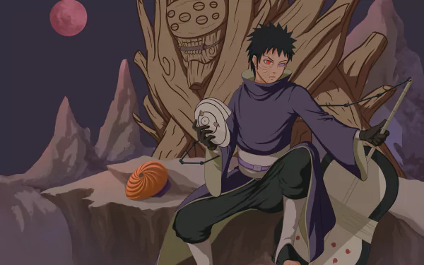 4K Ultra HD PC desktop wallpaper featuring Obito Uchiha from Naruto anime, set against a dark mountainous night landscape with a red moon.