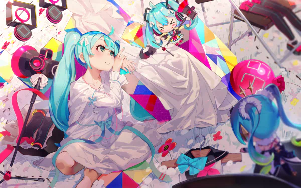 HD desktop wallpaper featuring anime character Hatsune Miku from Vocaloid in varying poses and outfits, set against a colorful and dynamic background.