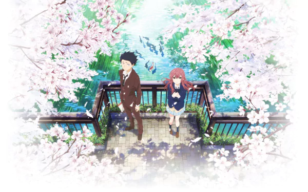 HD desktop wallpaper featuring Shouya Ishida and Shouko Nishimiya from the anime A Silent Voice, standing on a bridge surrounded by blooming cherry blossoms and a serene river.