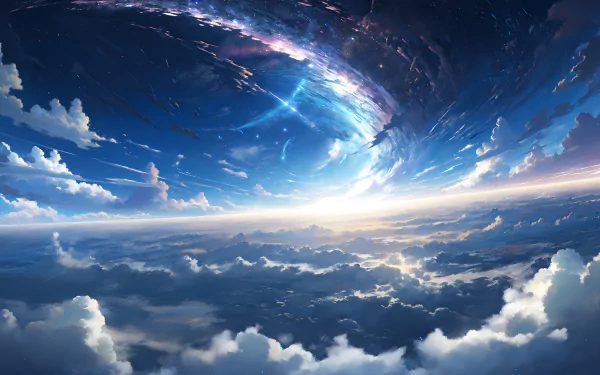 HD anime-style fantasy sky wallpaper featuring vibrant blue clouds and a glowing cosmic swirl above the horizon.
