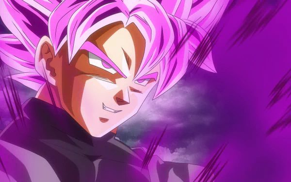 HD desktop wallpaper featuring Black Goku in his Super Saiyan Rosé form from Dragon Ball Super, enveloped in a purple aura with a determined expression.