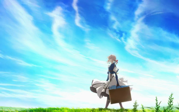 HD desktop wallpaper featuring Violet Evergarden in a flowing dress, striding across a grassy field under a vibrant, blue sky.