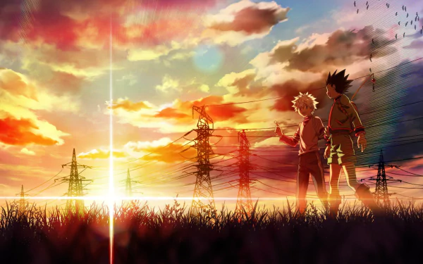 HD desktop wallpaper featuring Killua Zoldyck and Gon Freecss from Hunter x Hunter against a stunning sunset backdrop with powerlines and vibrant sky, tagged with sunset, anime.