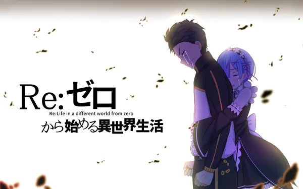 HD desktop wallpaper featuring Subaru Natsuki and Rem from Re:Zero - Starting Life in Another World. The image shows Rem, with blue short hair, hugging Subaru from behind, surrounded by falling petals.