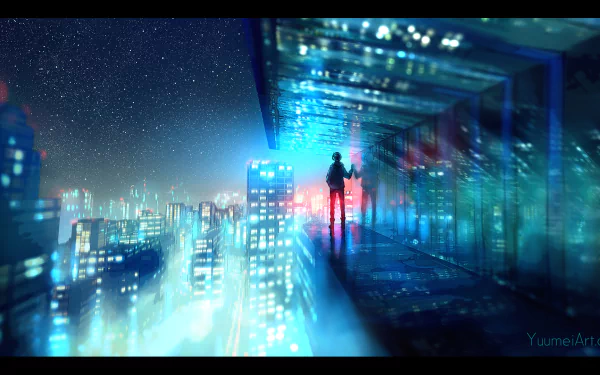 Anime cityscape at night from Fisheye Placebo, showcasing futuristic buildings and twinkling stars. This HD desktop wallpaper and background features vibrant colors and reflective glass surfaces.