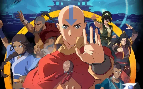Avatar: The Last Airbender 4K Ultra HD PC desktop wallpaper and background — Aang centers with arrow tattoo raised, surrounded by Katara, Sokka, Toph and team in a vibrant blue scene.