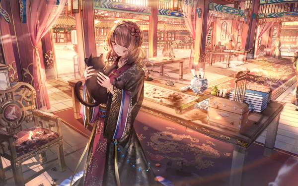 HD desktop wallpaper featuring an anime girl in traditional attire, holding a black cat in a richly decorated room with warm lighting and intricate details.