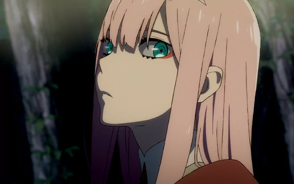 HD desktop wallpaper featuring Zero Two from the anime Darling in the FranXX. She is shown looking to the side with a serious expression, set against a backdrop of trees in a mysterious, dimly-lit environment.